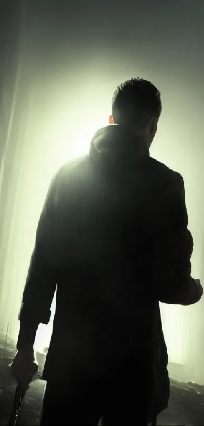 Silhouette of a person in a foggy alley holding a gun, with dramatic lighting.