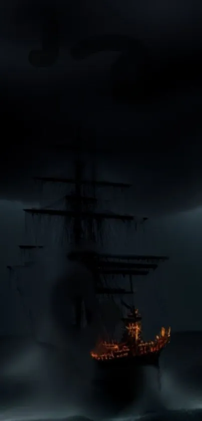 Mysterious ship sailing in a dark, stormy sea with a glowing hull.