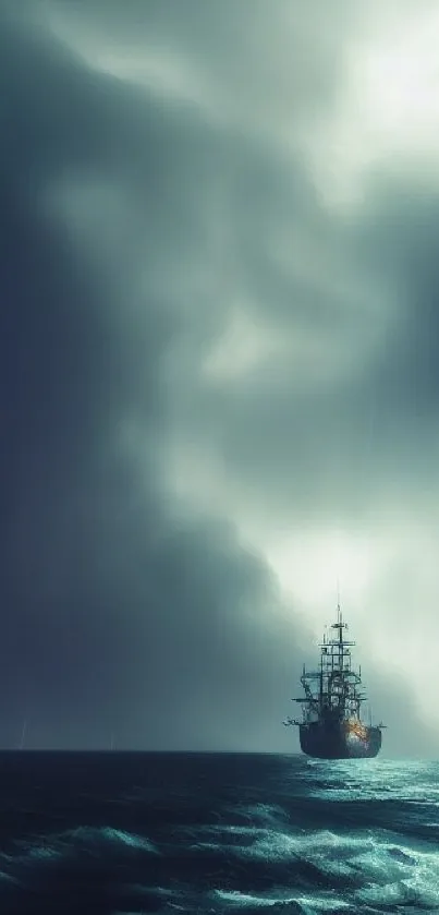 Ship sailing through a dark and stormy sea under dramatic skies.