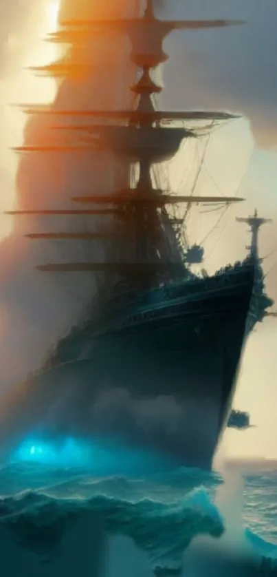 Mysterious ship sailing through misty ocean waves.