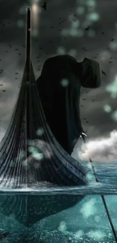 Hooded figure on a ship in dark, mysterious waters with a shadowy sky.