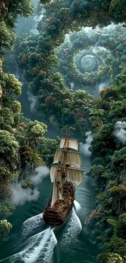Ship sailing through a lush jungle.