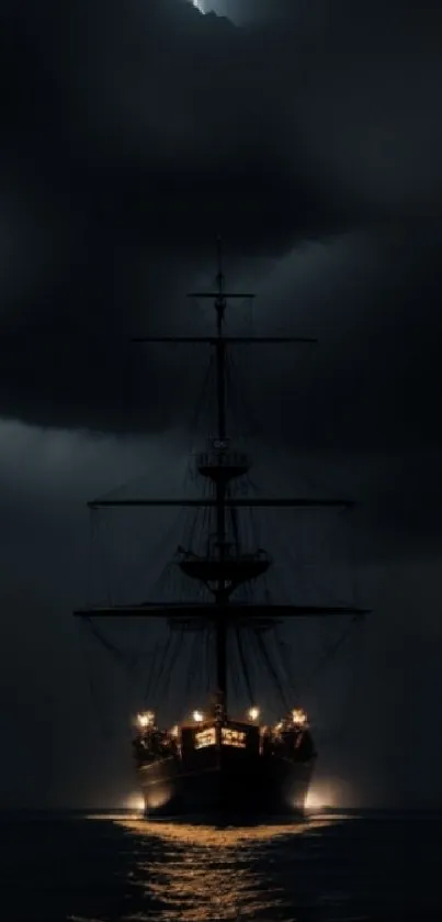 Silhouetted ship sails through stormy night with lightning in the sky.