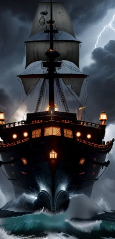 A majestic ship braves a stormy sea under lightning-lit clouds.