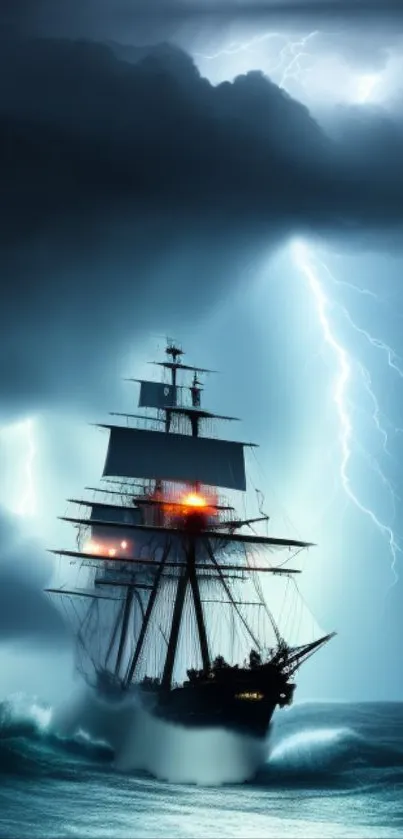 Sailing ship braves a lightning storm on the ocean, set against dark, dramatic skies.