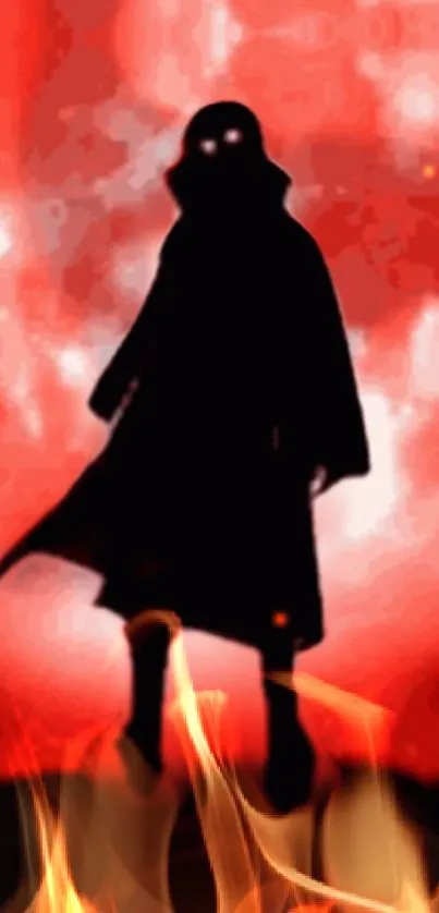 Mysterious silhouette with red fiery background and flames.