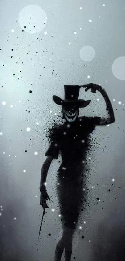 Mysterious silhouetted figure with top hat in a misty scene.