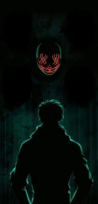 Silhouette facing a glowing mask in dark abstract wallpaper.