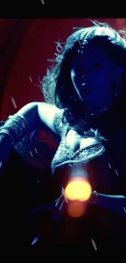 Dark silhouette of a woman with blue lighting and glowing effects.