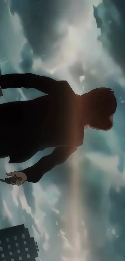 Silhouette of a person against a cloudy, dramatic sky.
