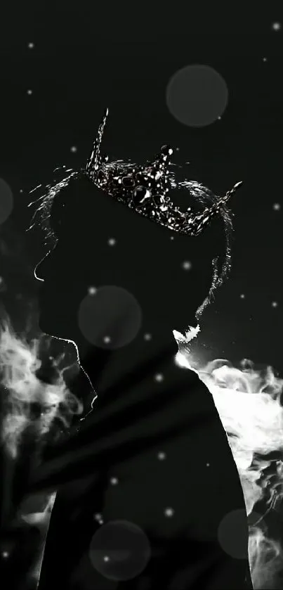 Silhouette with crown against a smoky background, creating a mysterious ambiance.