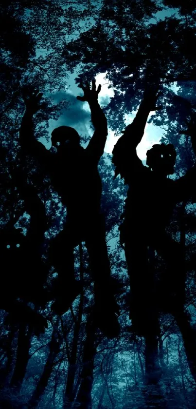 Silhouettes of figures under moonlit sky in forest.