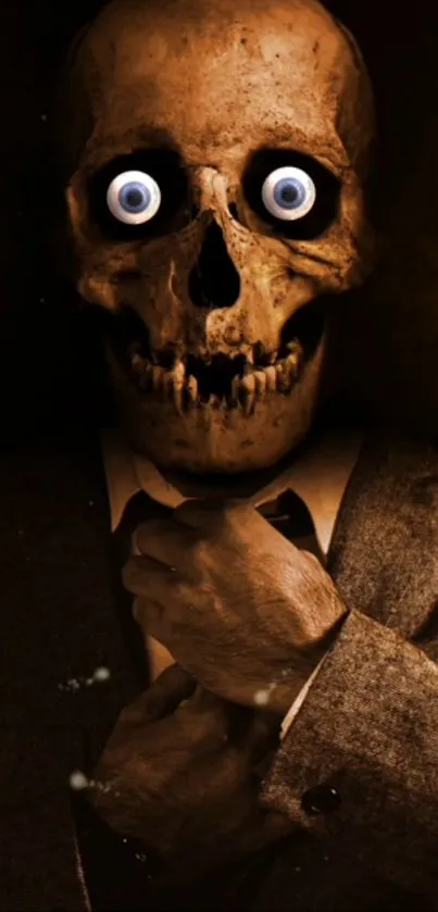 Skeleton in a suit with eerie large eyes in a dark setting.