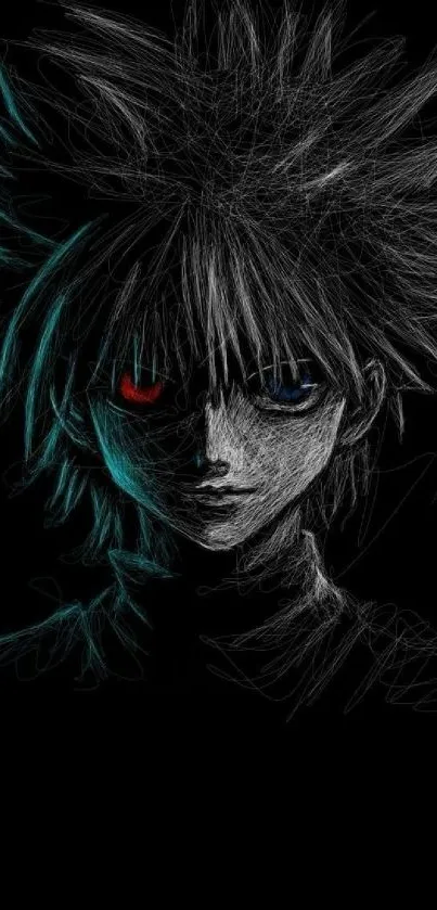 Anime sketch wallpaper with glowing eyes on a black background.