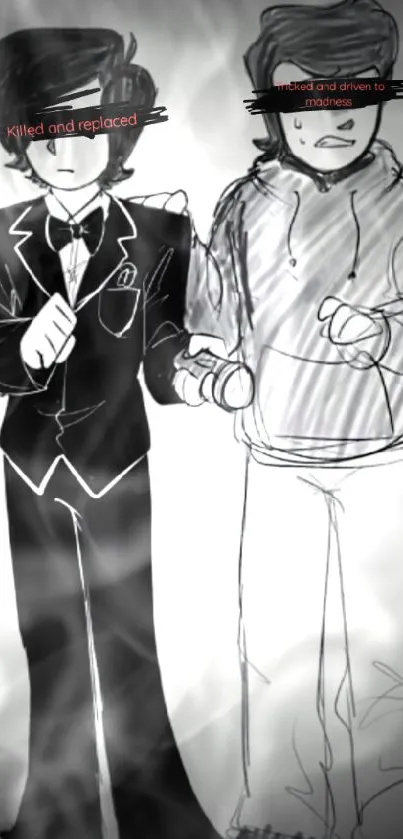 Black-and-white sketch of two mysterious figures on mobile wallpaper.