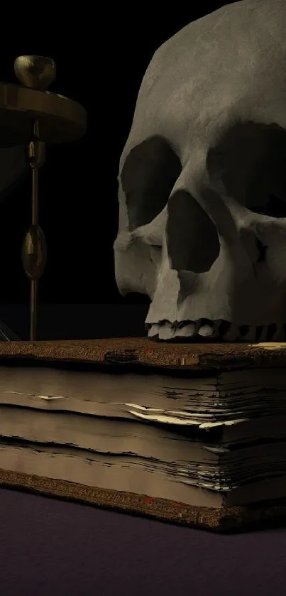 Mystical skull rests on an ancient book in dark ambiance.