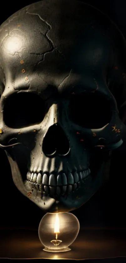 Mysterious skull head with glowing lightbulb beneath in dark setting.