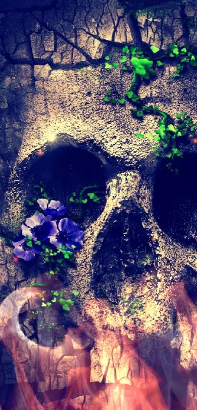 Skull artwork with purple flowers and green accents on cracked texture.