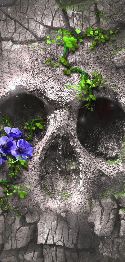 Textured skull with green leaves and purple flowers on dark background.