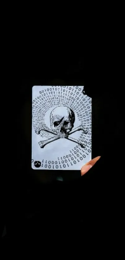 Mysterious skull card with binary code on dark background.