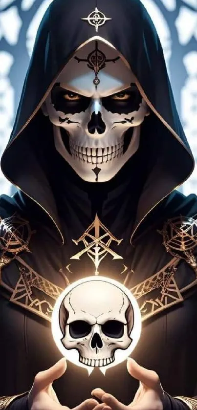 Hooded figure with a glowing skull orb in mysterious dark art style.