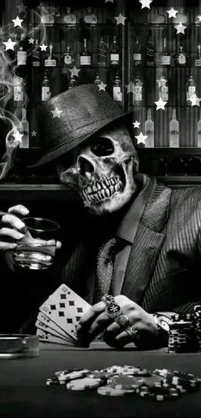 Skull-faced figure in suit holding a drink in a dimly lit bar scene.