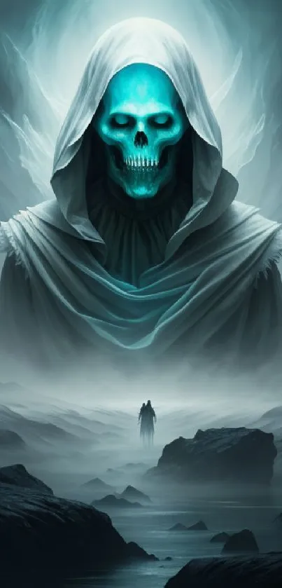 Eerie skull in foggy blue-grey landscape.