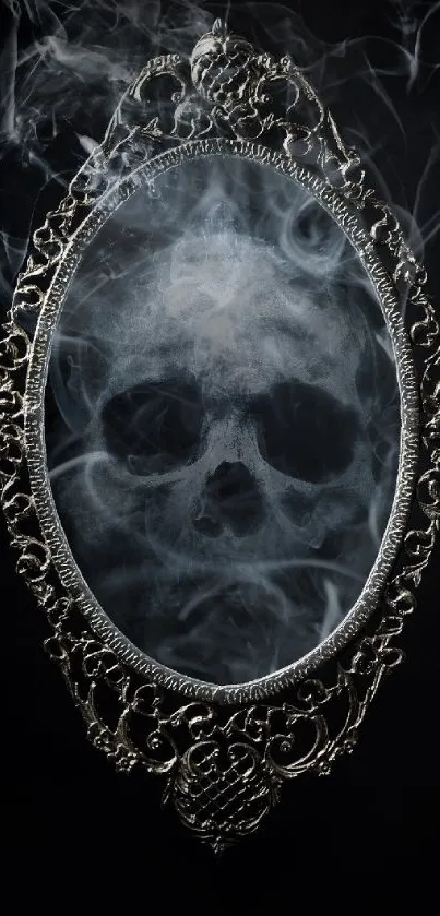 Ghostly skull reflected in an ornate mirror with smoke.