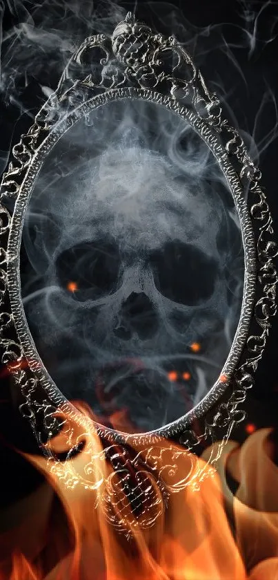 Eerie skull encased in smoke within an ornate mirror on black background.