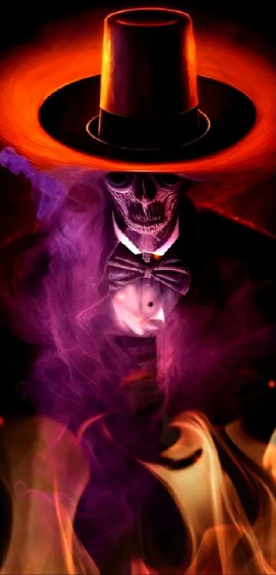 Skull wallpaper with orange hat and purple smoke background.