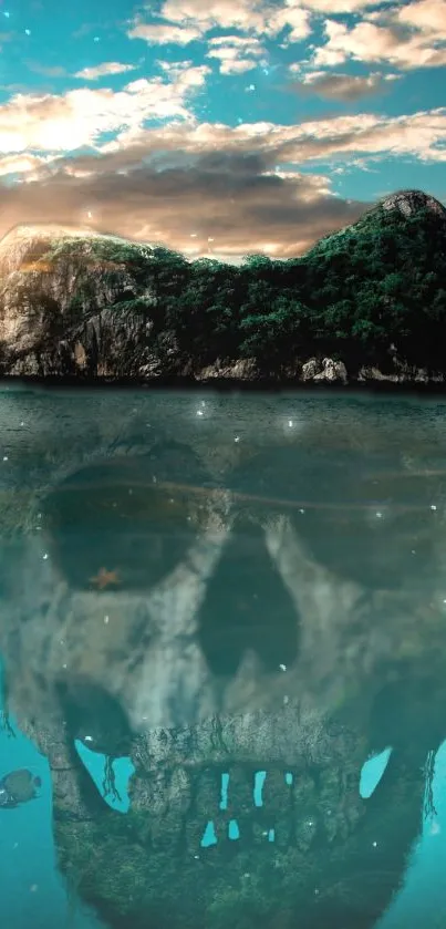 Surreal artwork of a skull-shaped island reflected in the ocean waters.