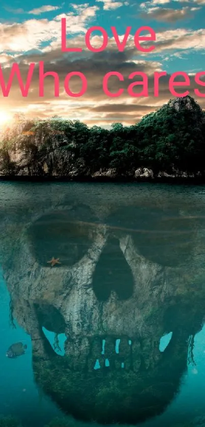 Skull-shaped island with oceanic reflection at sunset.