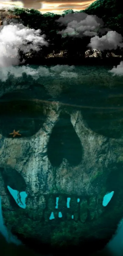 Mysterious skull island wallpaper with teal waters and cloudy sky.