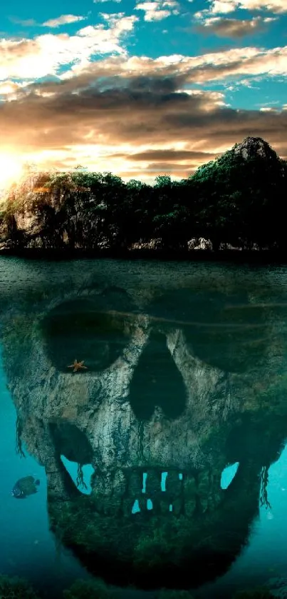 Mysterious island with skull reflection in ocean waters.