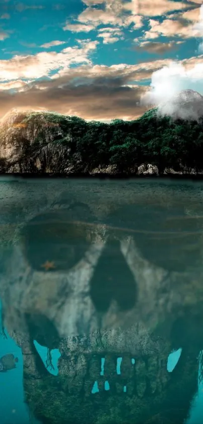 Surreal island with skull reflected in teal ocean under a dramatic sky.