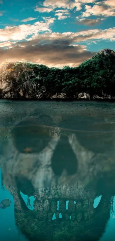 A skull reflection beneath a tranquil island at sunset.