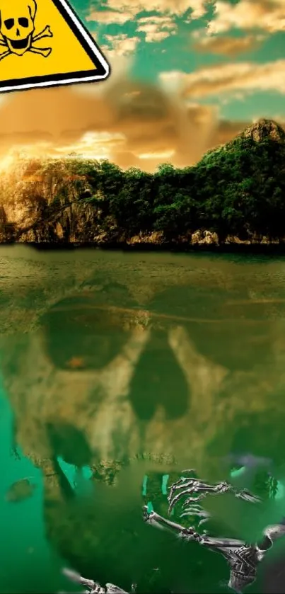 Mysterious island with skull reflection on water under an ominous sky.