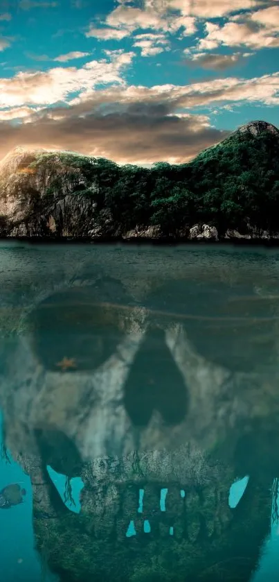 Surreal island with skull reflection in tranquil water.