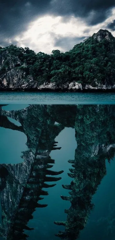 Skull reflected in water beneath a rocky green island and stormy sky.