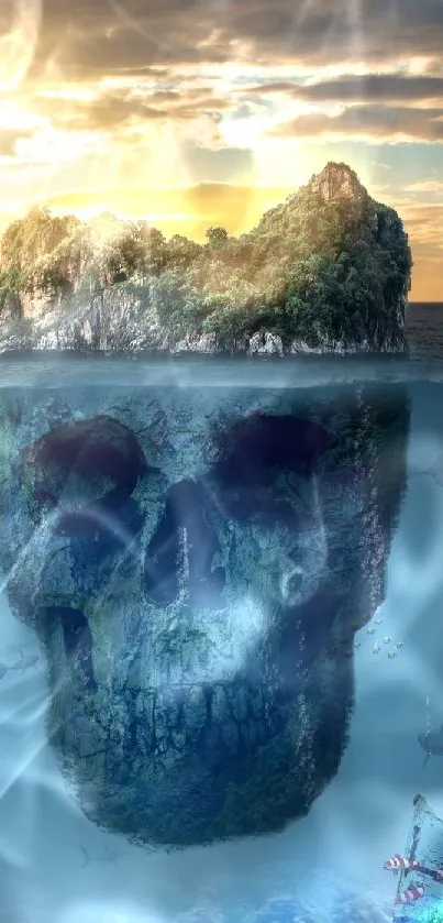 Mysterious skull island blending nature and mystery in serene blue ocean waters.