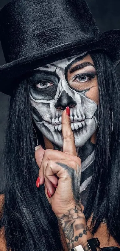 Woman with skull makeup and top hat poses mysteriously.