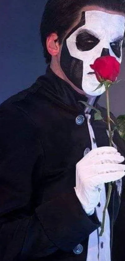 Figure in skull mask holding a red rose.