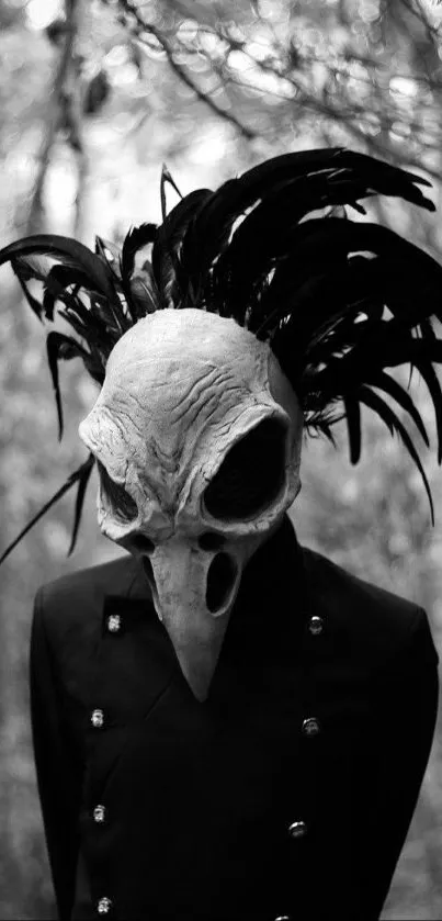 A mysterious figure with a skull mask in monochrome art style.