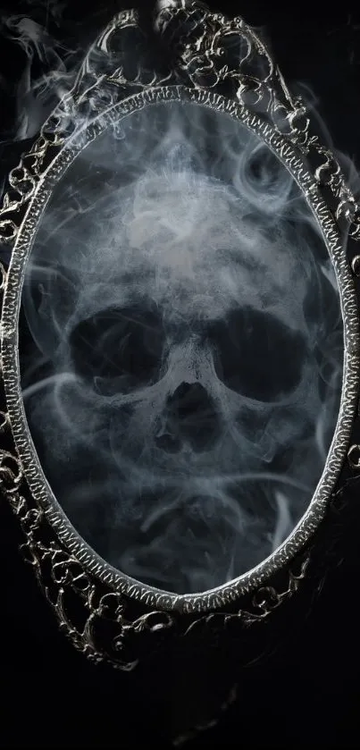 Skull reflected in ornate mirror with smoke on a dark background.