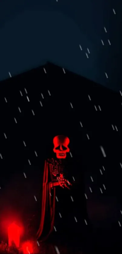 Haunting skull figure in red glow on dark night wallpaper.