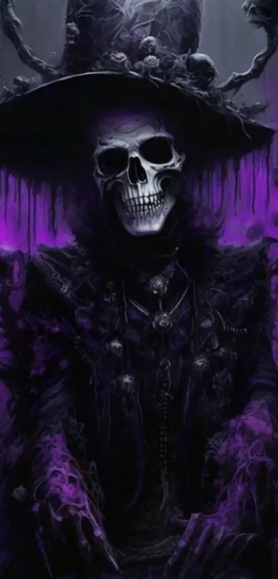 Gothic skull in purple mist wallpaper for mobile phones.