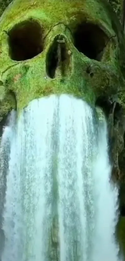 Enchanting skull-shaped waterfall with lush greenery.