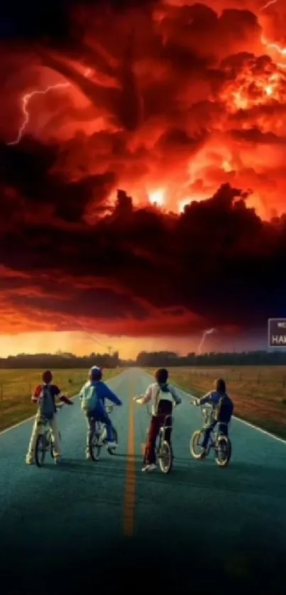 Kids biking towards crimson sky with storm clouds in a dramatic scene.