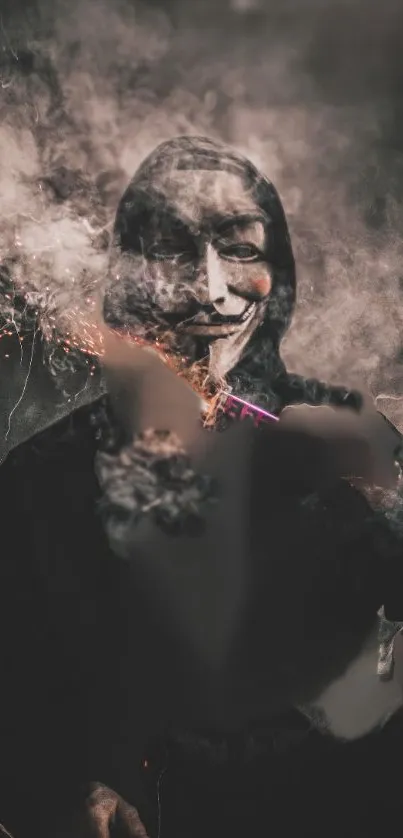 Mysterious figure in mask surrounded by smoke.