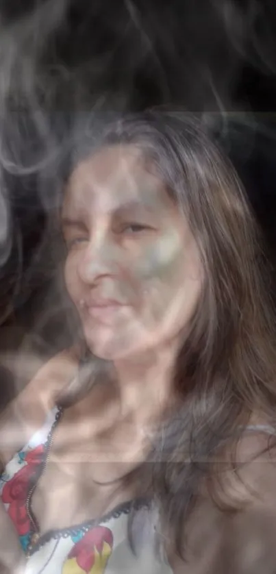 Portrait of a woman with smoke overlay creating a mysterious effect.